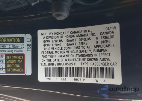 2015 Honda Civic Ex from USA, damaged, VIN 2HGFG3B86FH522731